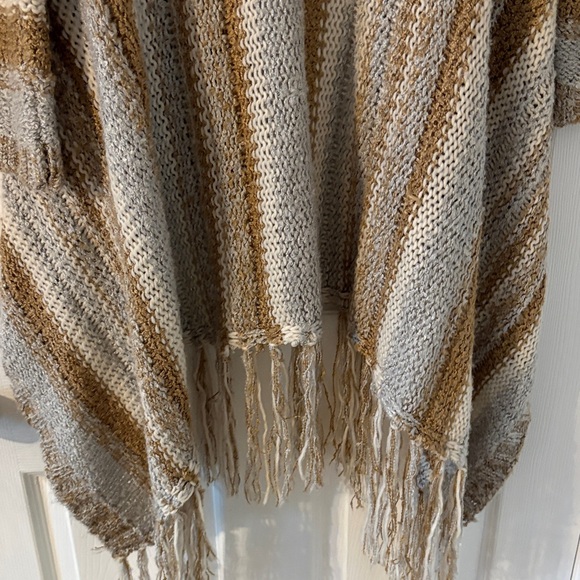 Open Front Knit Fringe Cardigan M/L Boho Neutral Striped - Picture 6 of 7